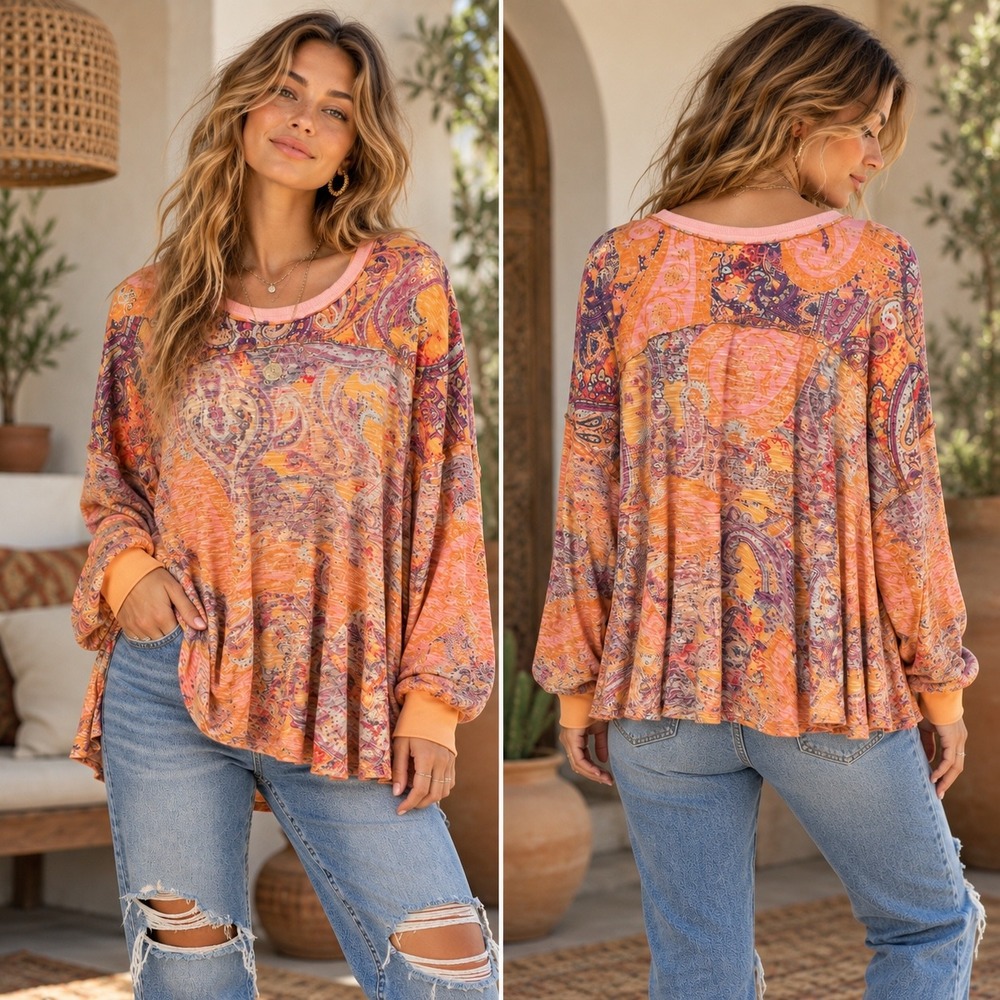 Free People Paisley Swing Tunic Top Oversized Boho Orange Pink OB1410097 Small